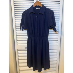 Monteau Navy Blue Button Up Shirt Dress with Tie Sleeves and Pockets Size Medium